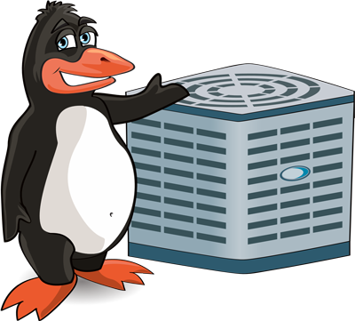 Don't Sweat It Air & Heat penguin mascot with air conditioning unit