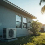Air conditioning unit beside a house with palm trees at sunset.