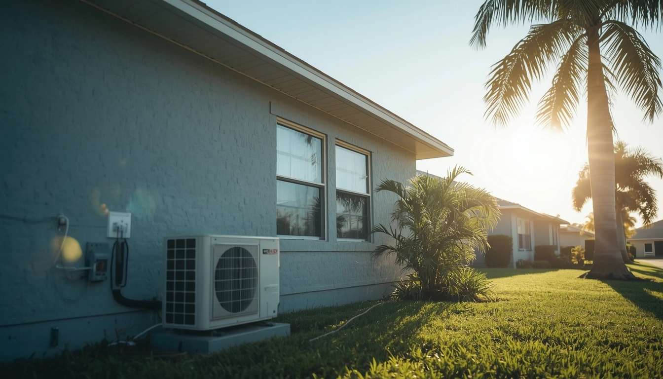 Air conditioning unit beside a house with palm trees at sunset.