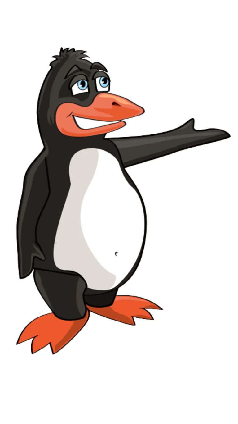 Cartoon penguin character with a friendly expression and outstretched arm.