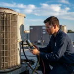 Technician inspecting an air conditioning unit with a multimeter on a rooftop.
