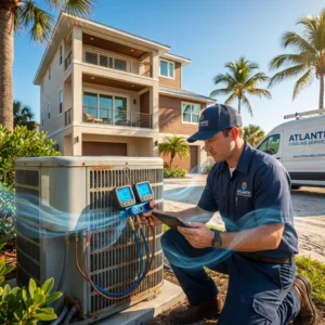 HVAC technician servicing an air conditioning unit outside a modern home.