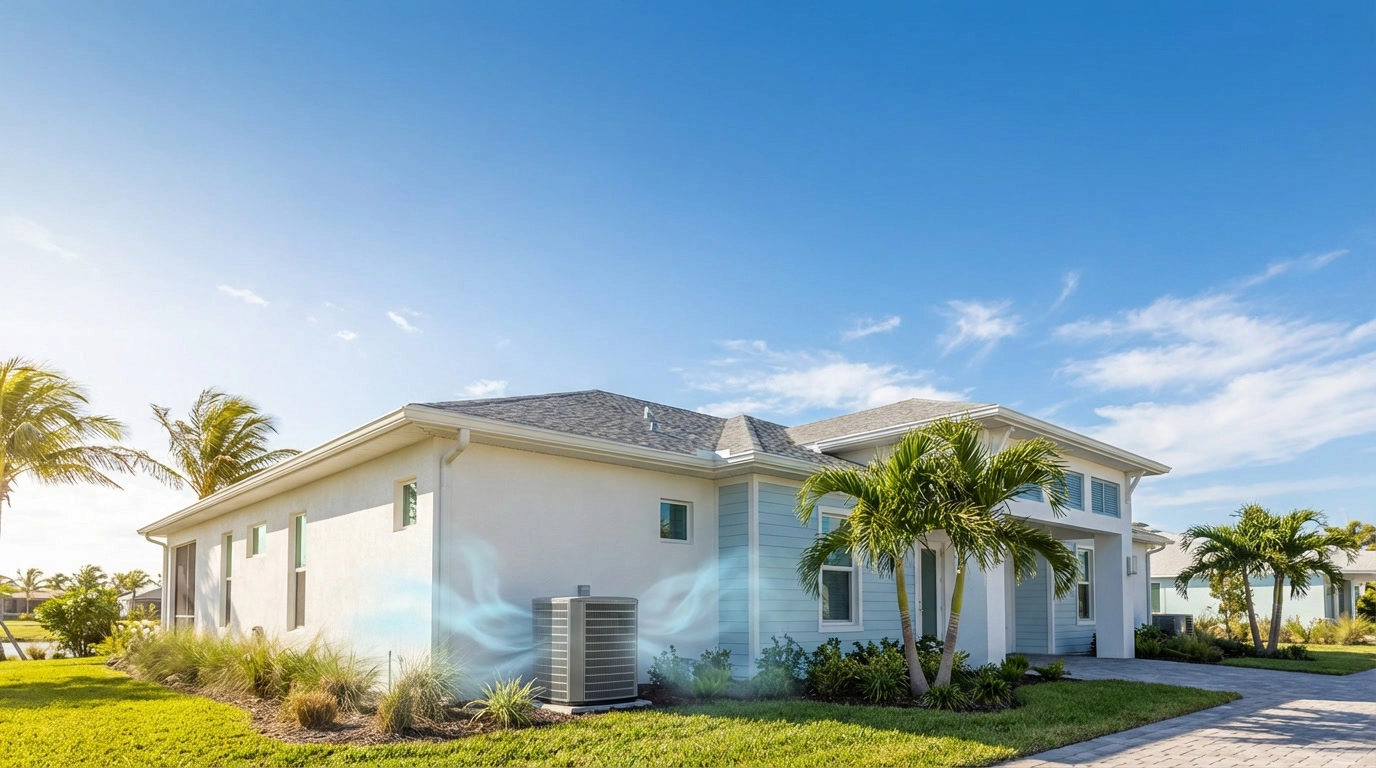 Modern house exterior with palm trees and clear blue sky.
