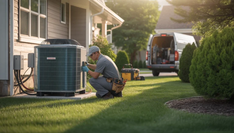 HVAC technician servicing an air conditioning unit outside a home.