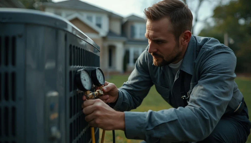 Technician inspecting HVAC unit with gauges in residential yard.