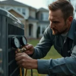 Technician inspecting HVAC unit with gauges in residential yard.