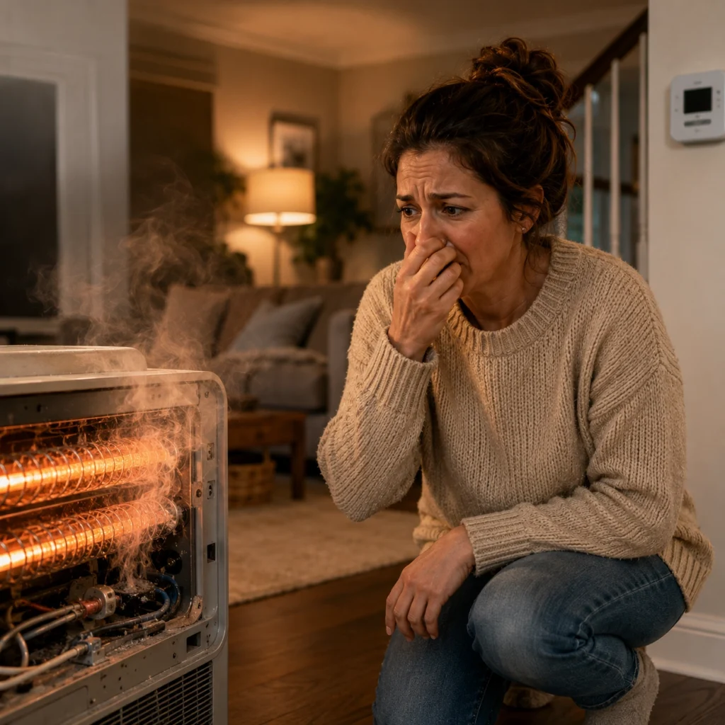 Woman reacting to a malfunctioning heater with smoke in a living room.