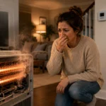 Woman reacting to a malfunctioning heater with smoke in a living room.