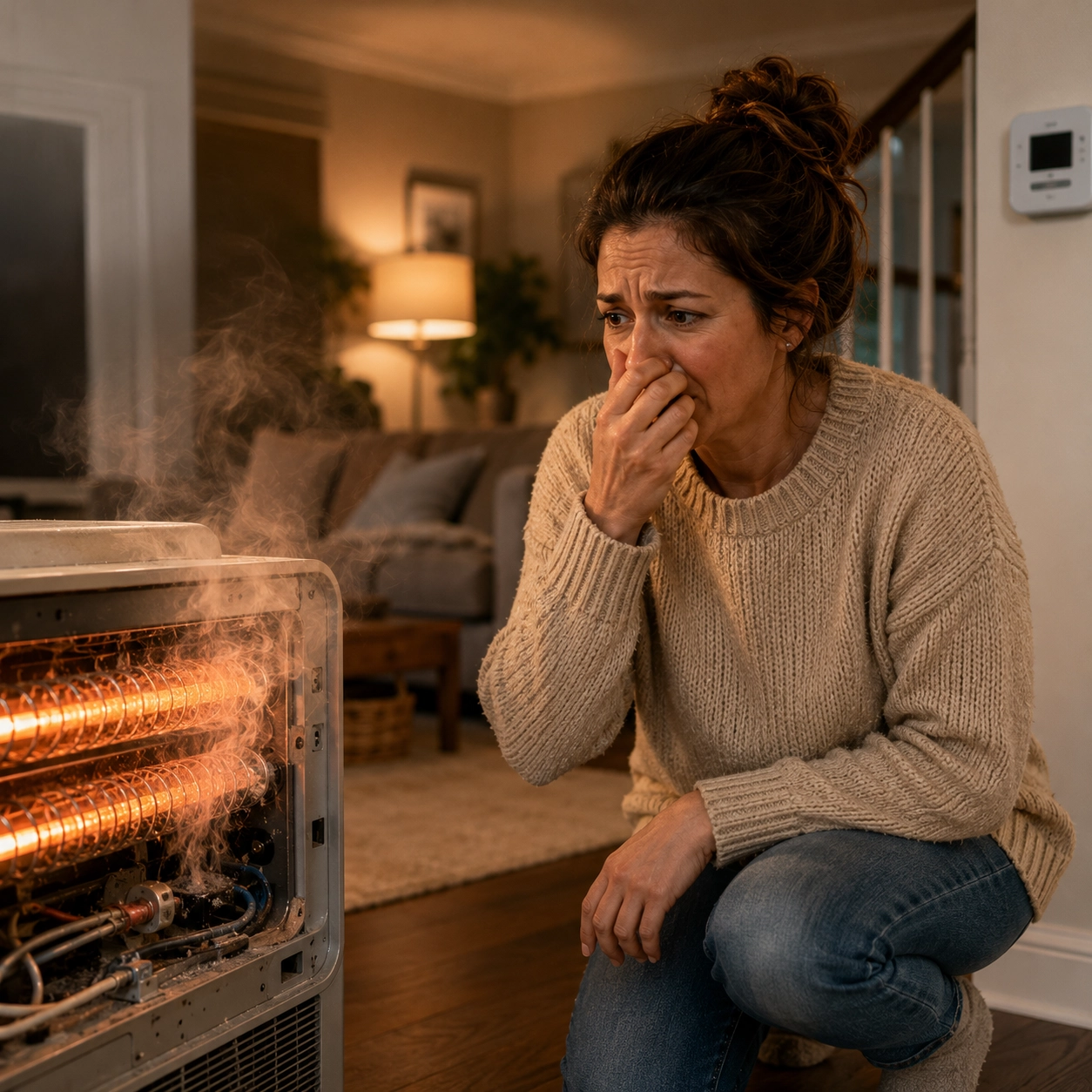 Woman reacting to a malfunctioning heater with smoke in a living room.