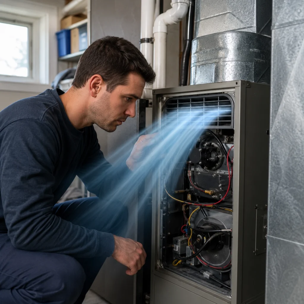 Technician inspecting a furnace in a basement.
