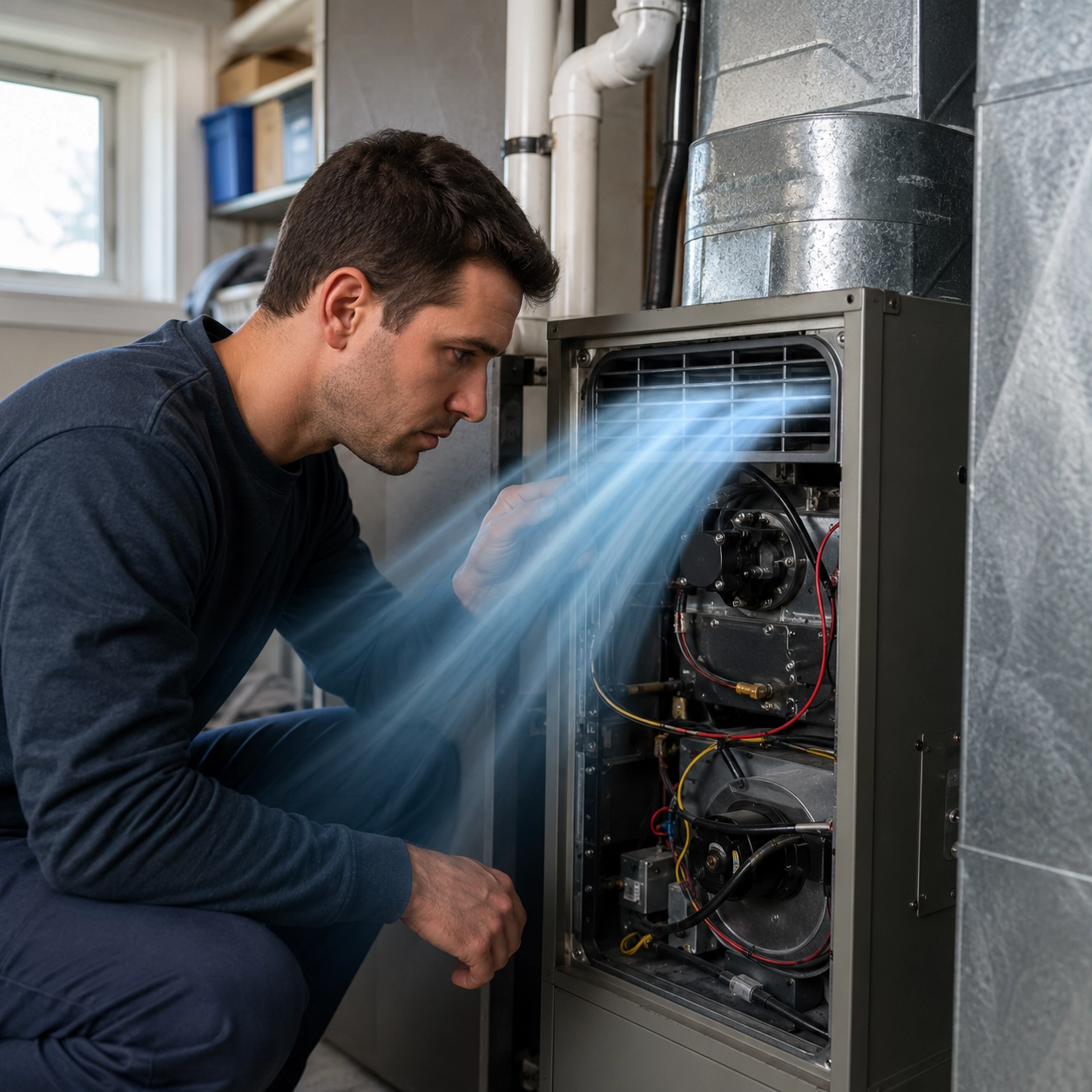 Technician inspecting a furnace in a basement.