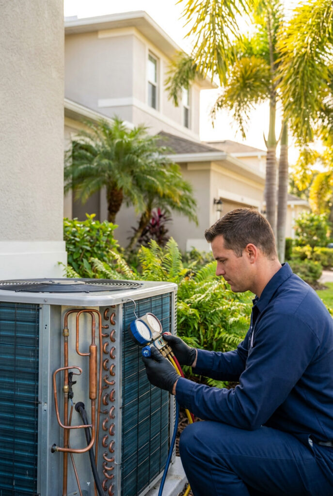 HVAC technician servicing an air conditioning unit outdoors.