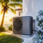Modern air conditioning unit beside a tropical home with palm trees and ocean view.