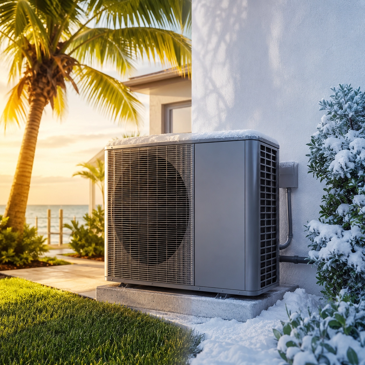 Modern air conditioning unit beside a tropical home with palm trees and ocean view.
