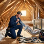 HVAC technician inspecting ductwork in an attic with tools and a tablet nearby.
