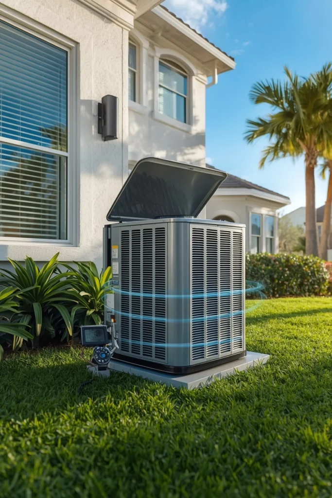 Modern air conditioning unit installed outside a house with lush green grass.