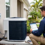 Technician using a tablet to check an air conditioning unit outdoors.