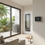 Smart thermostat displaying 74°F in a modern living room with a view of palm trees.