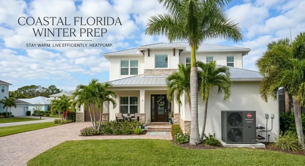 Modern coastal Florida home with outdoor heat pump unit for winter prep and HVAC efficiency.