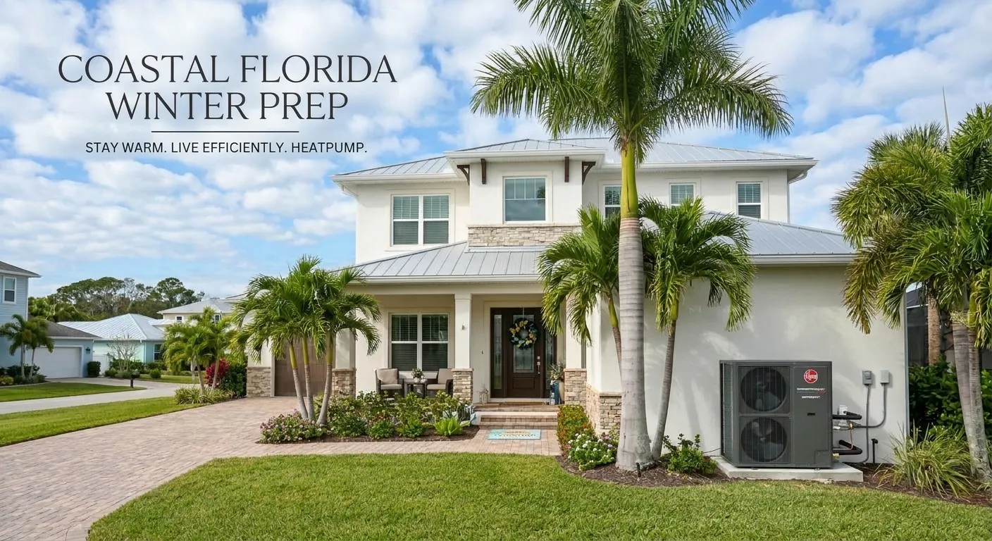 Modern coastal Florida home with outdoor heat pump unit for winter prep and HVAC efficiency.