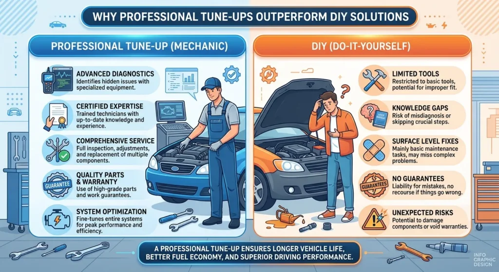 Comparison of professional car tune-ups vs DIY solutions highlighting advantages and disadvantages.