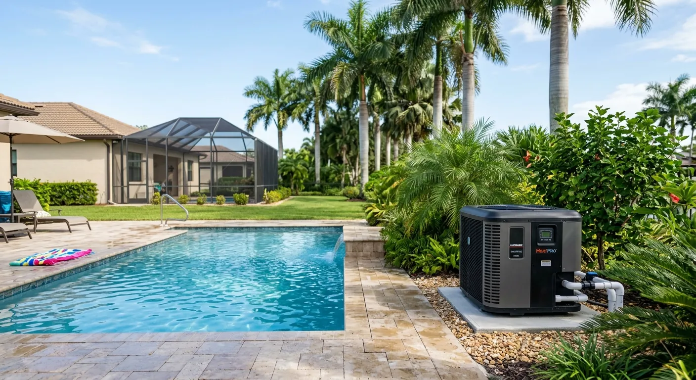 A modern pool heat pump unit installed in a tropical Brevard County backyard next to a clear blue swimming pool.