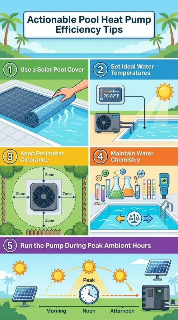 Infographic with tips for maximizing pool heat pump efficiency.
