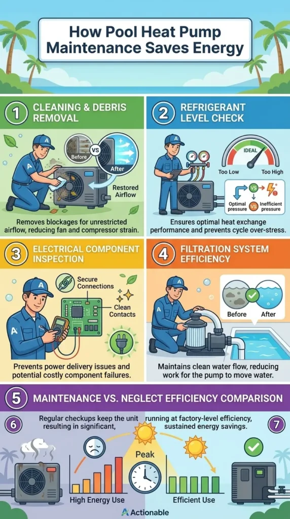 Infographic illustrating pool heat pump maintenance steps to save energy.