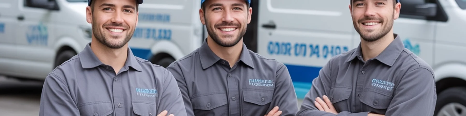 Three electricians standing confidently in front of service vans.